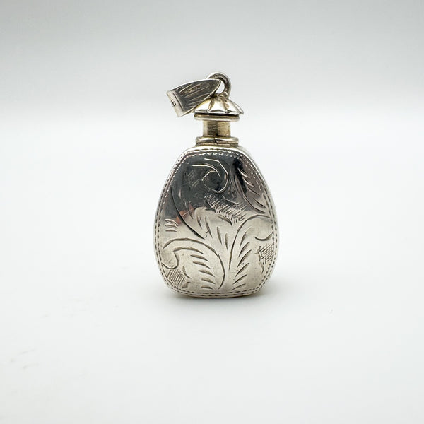 Vintage sterling silver perfume bottle pendant with engraved front design and screw top