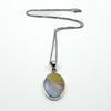 Full view of sterling silver 925 oval inlay pendant necklace on box chain, multicolour panel design.