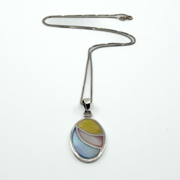 Full view of sterling silver 925 oval inlay pendant necklace on box chain, multicolour panel design.