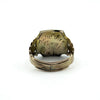 Close-up of engraved underside on antique Georgian 9ct gold amethyst ring with personal inscription visible