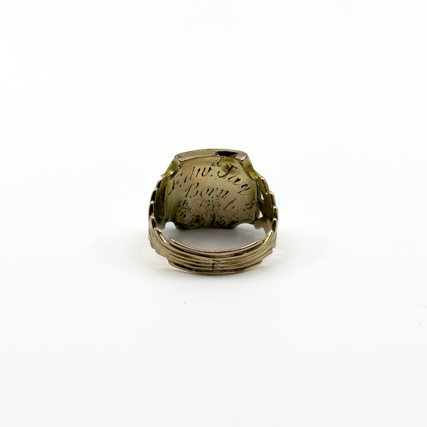 Engraved underside of antique Georgian 9ct gold amethyst ring with personal inscription visible
