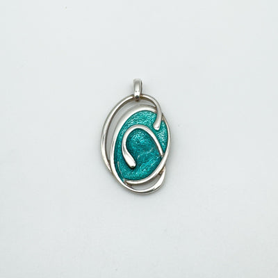 Front view of green enamel swirly oval pendant in sterling silver 925