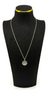Irish sterling silver History of Ireland pendant worn on a black bust, showing how the 20 inch chain sits.