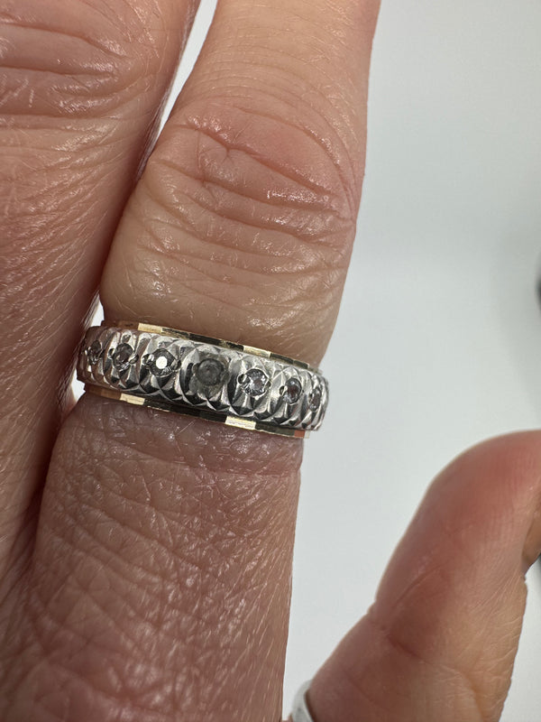 Vintage 9ct Gold and Silver White Spinel Engraved Eternity Ring Size N