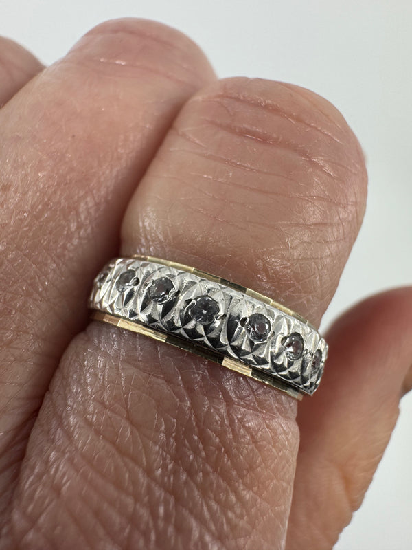 Vintage 9ct Gold and Silver White Spinel Engraved Eternity Ring Size N