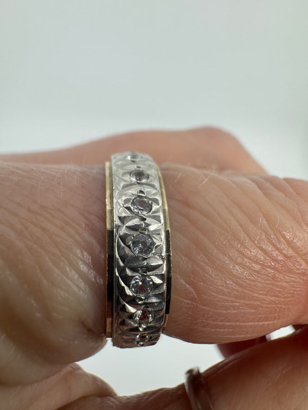 Vintage 9ct Gold and Silver White Spinel Engraved Eternity Ring Size N