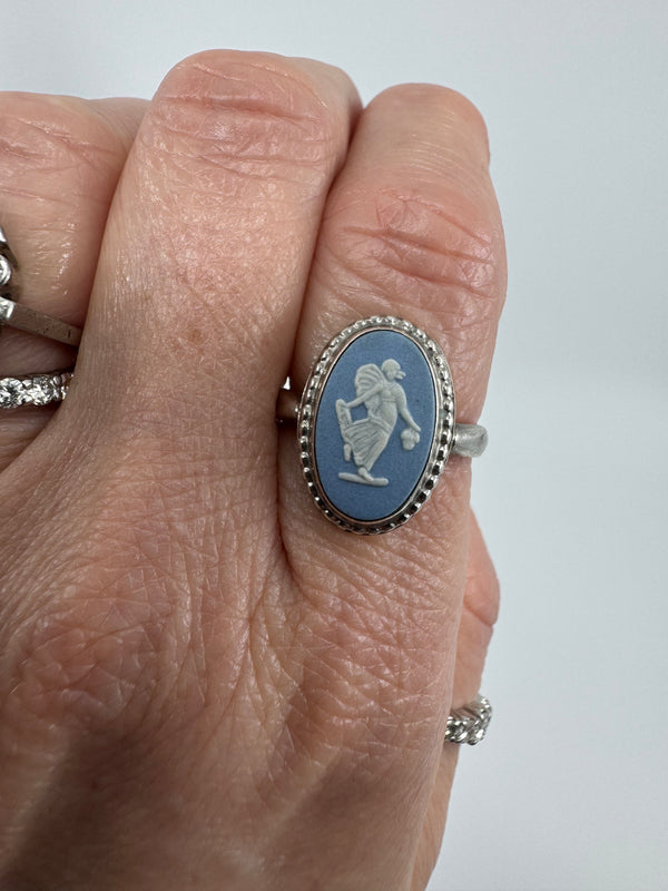 Vintage Wedgwood Jasperware Cameo Ring Sterling Silver 925 Size M - N