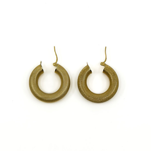 Pair of large vintage gold mesh hoop earrings showing textured finish and fittings