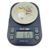 Sterling silver oval pendant necklace with blue, pink and yellow inlay, shown weighing 6.15g on digital scales.