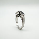 Vintage sterling silver sapphire ring from opposite profile showing openwork