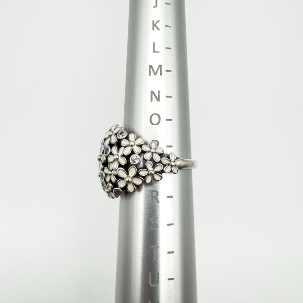 Pandora CZ Darling Daisy Bouquet ring shown on ring sizer at size P–Q