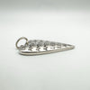 Left side view of chunky engraved silver heart pendant with oval bail