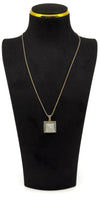 Sterling silver mother of pearl and marcasite pendant necklace shown worn on a bust for length and scale.