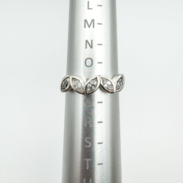 Sterling silver CZ half hoop ring shown at UK size P on sizing mandrel