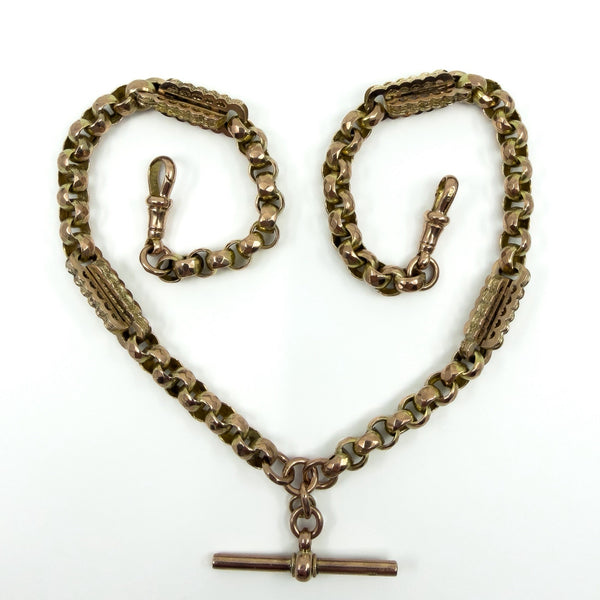 Antique 9ct rose gold Albert chain with fancy links, two dog clips and T bar laid in a heart shape