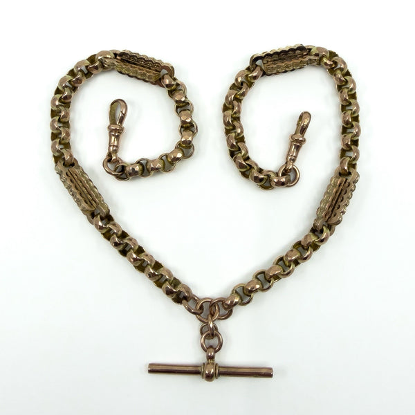 Antique 9ct rose gold Albert chain in heart shape with faceted links and T bar