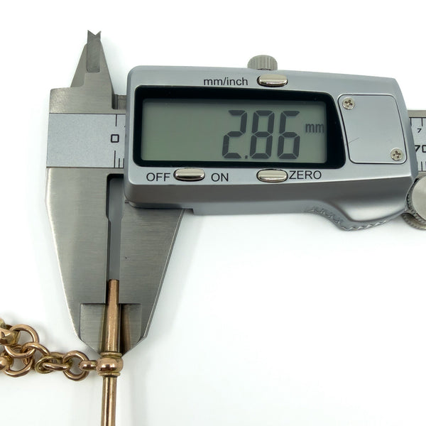 Antique 9ct rose gold Albert chain T bar thickness measurement showing approx 2.86mm