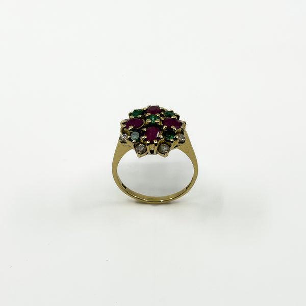 Reverse view of vintage 18ct gold ruby emerald and diamond ring showing the high cluster setting