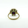 Close reverse detail of 18ct gold cluster ring showing rubies, emeralds and diamonds in claw settings