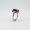 Close-up of side scrollwork and ruby setting in sterling silver