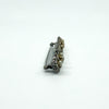 Side profile of antique sterling silver bar brooch showing the pin and clasp height.