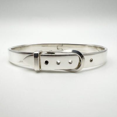 Front view of adjustable sterling silver buckle bangle bracelet