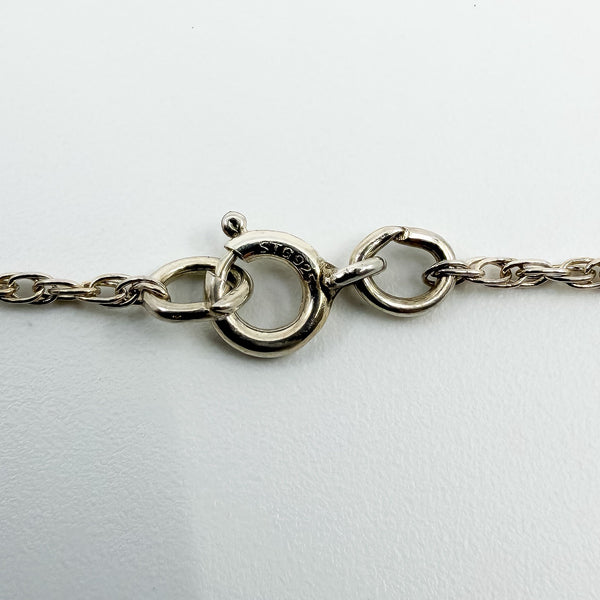 Close up of the sterling silver necklace spring clasp and fine chain links
