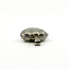 Low side view of the sterling silver puffy heart photo locket showing the rounded puffy shape.