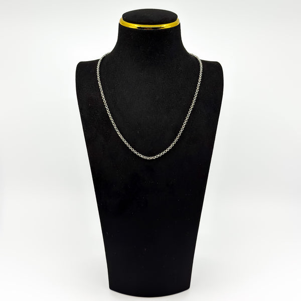 Vintage sterling silver rolo chain necklace shown on a black display bust for length and styling view