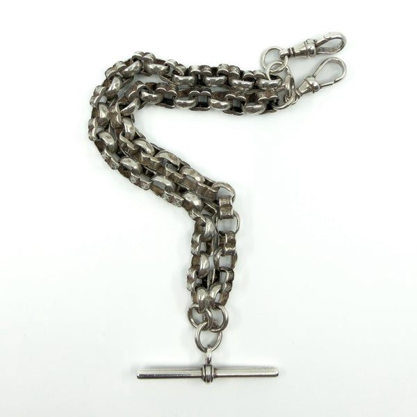 Antique sterling silver Albert chain with T-bar and double dog clips, chunky fancy link, approx. 15.5 inches.