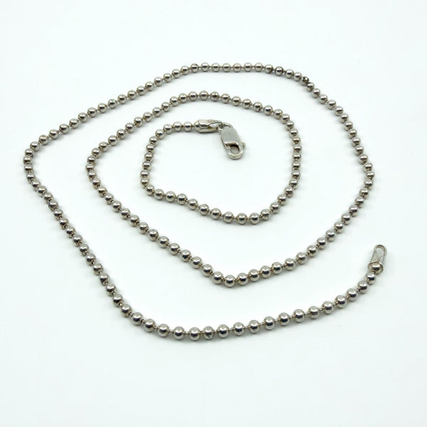 Full view of the 19.5 inch sterling silver beaded ball chain with lobster clasp.