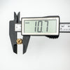 Caliper measurement showing stud width of 10.7mm on rose gold knot earring