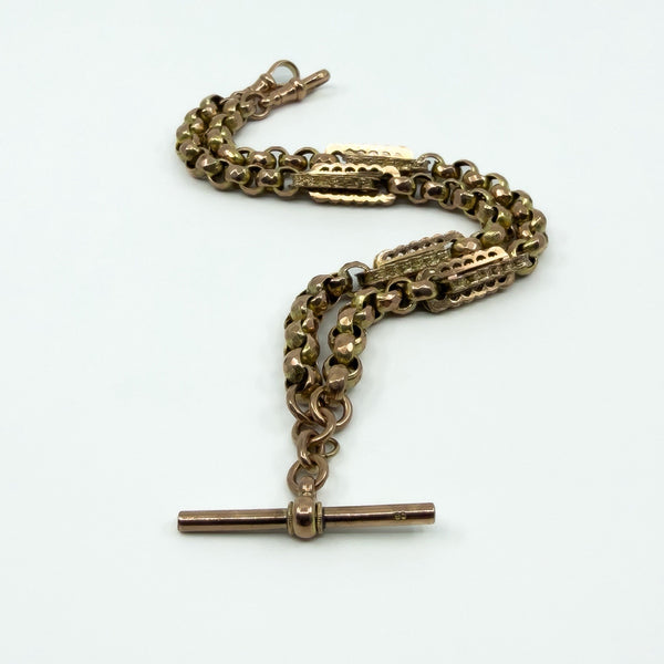 Antique 9ct rose gold Albert chain with T bar and mixed yellow and rosy gold tones