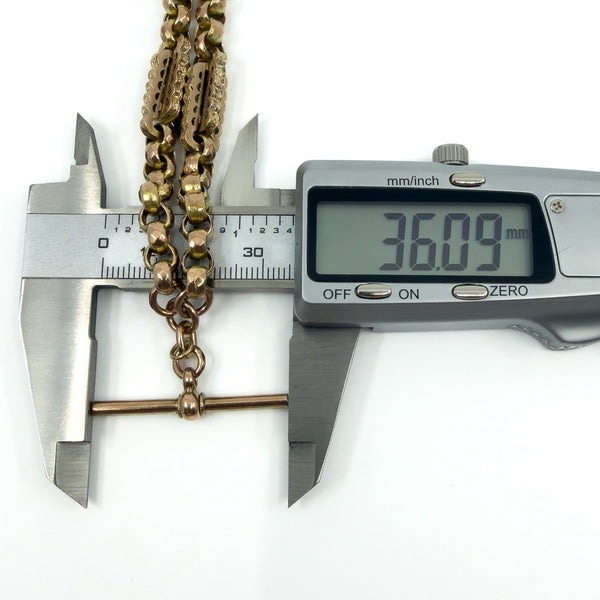 Antique 9ct rose gold Albert chain T bar measurement showing approx 36mm length