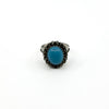 Upright view showing the high turquoise and diamond halo ring setting
