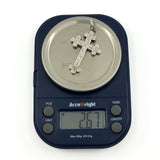 Antique Victorian sterling silver cross pendant shown on digital scales weighing approximately 2.67g