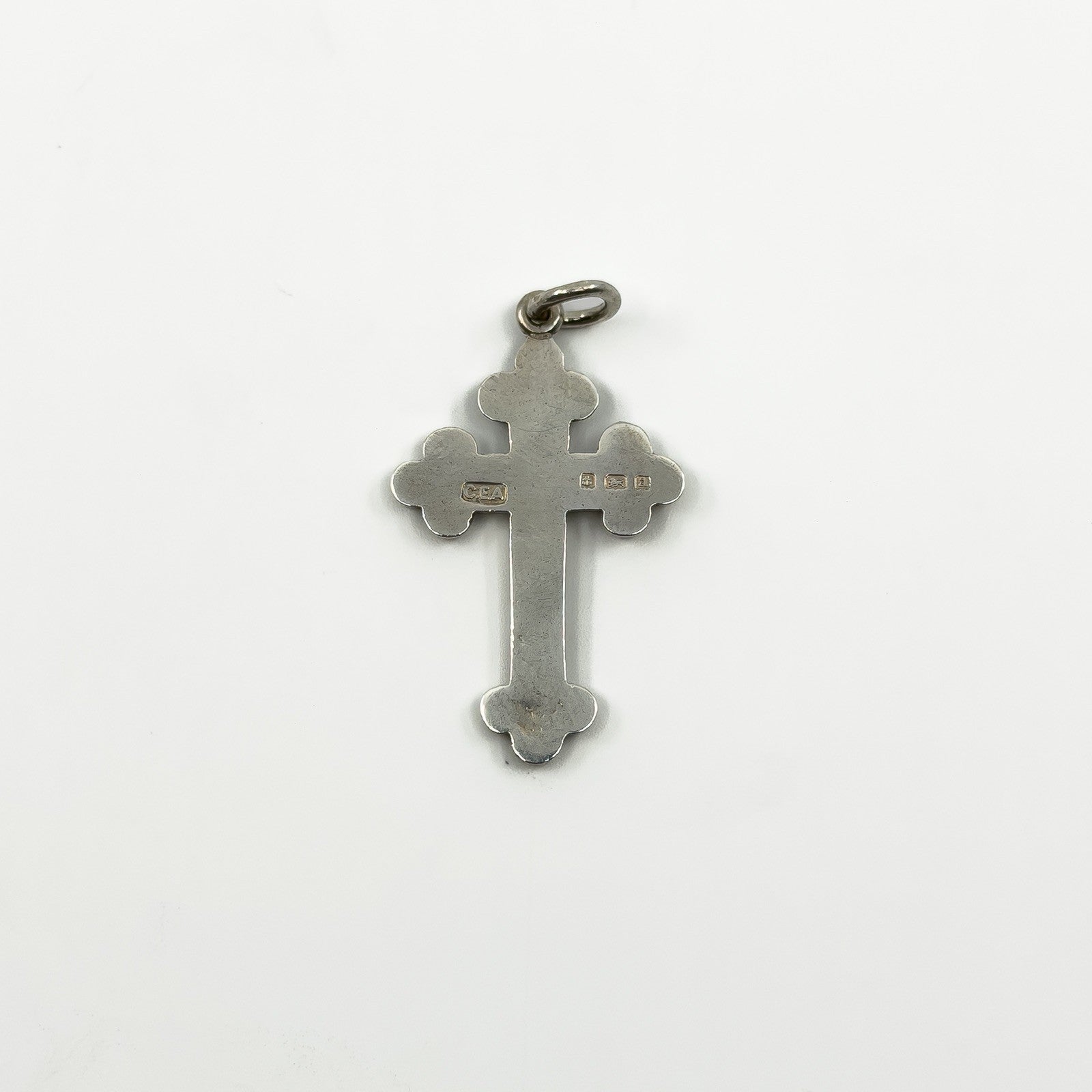 Back of antique Victorian silver cross pendant with CEA maker mark and full Birmingham hallmarks