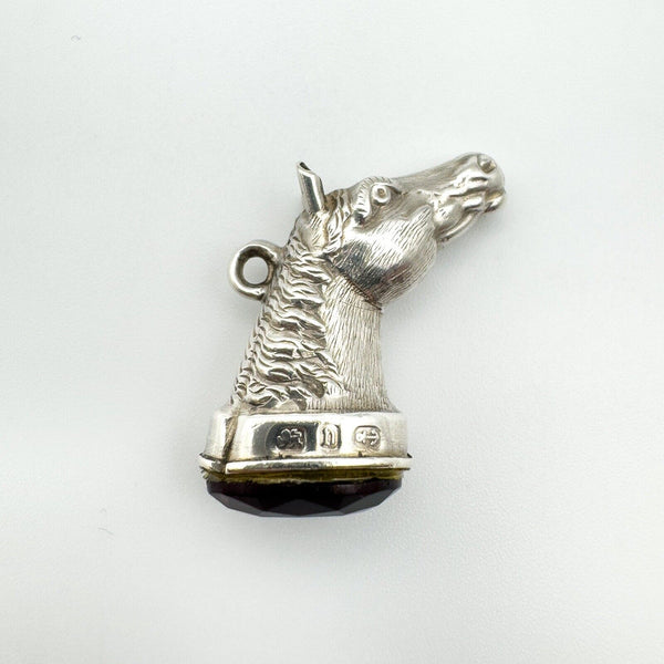 Antique Victorian sterling silver horse head charm set with purple amethyst, hallmarked Birmingham 1876