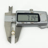 Digital caliper showing a white cultured pearl stud measuring approximately 7.14mm in diameter.