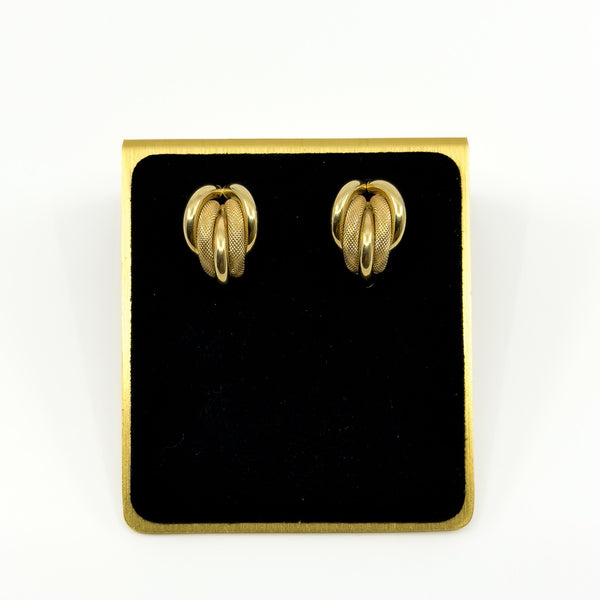 Pair of vintage 9ct gold half hoop earrings with five curved strands in polished and mesh-textured finishes.