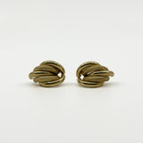 Front view of vintage 9ct gold half hoop earrings showing three polished and two mesh-textured curved strands.