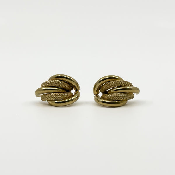 Front view of vintage 9ct gold half hoop earrings showing three polished and two mesh-textured curved strands.