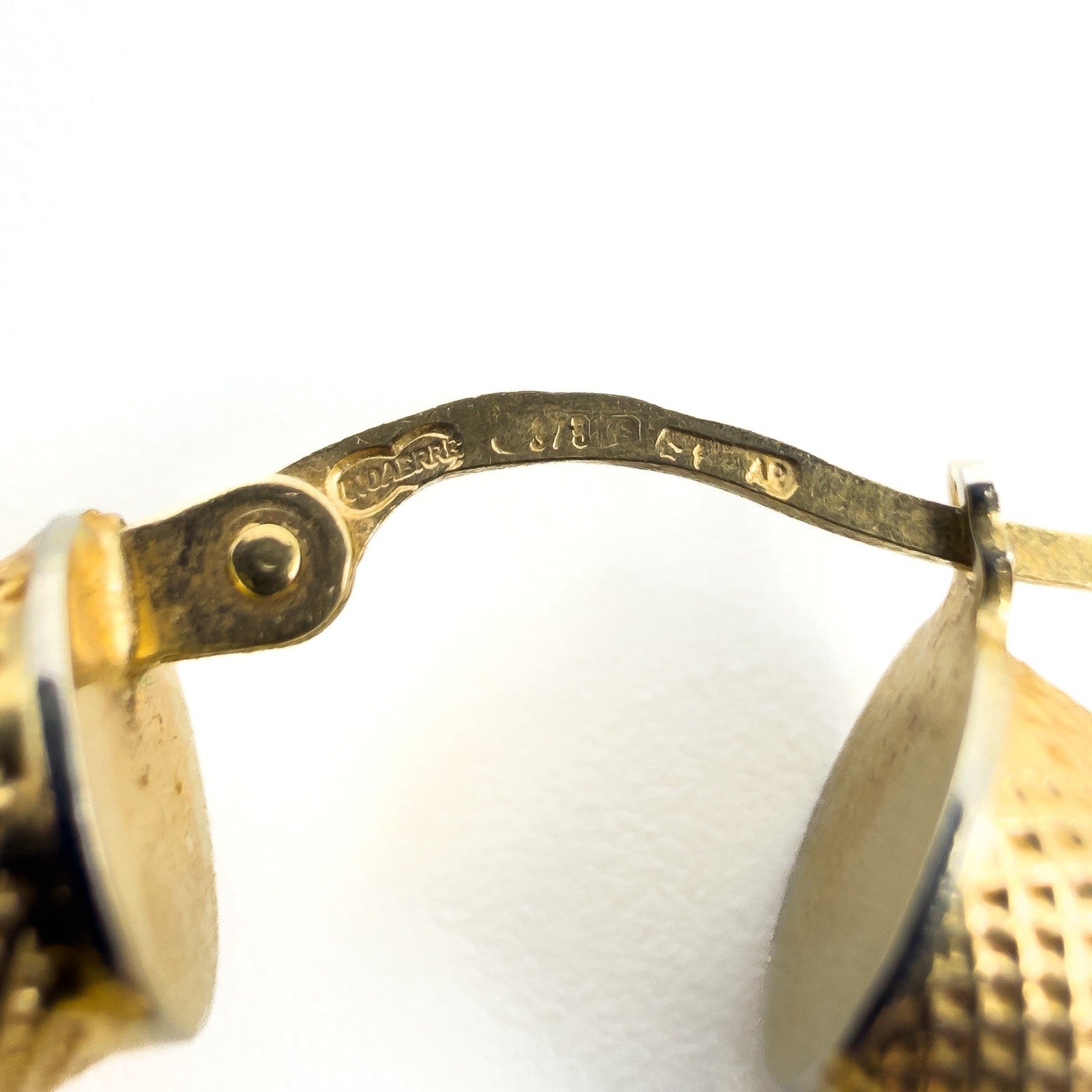 Vintage 9ct gold mesh hoop earrings shown open with hook fittings visible