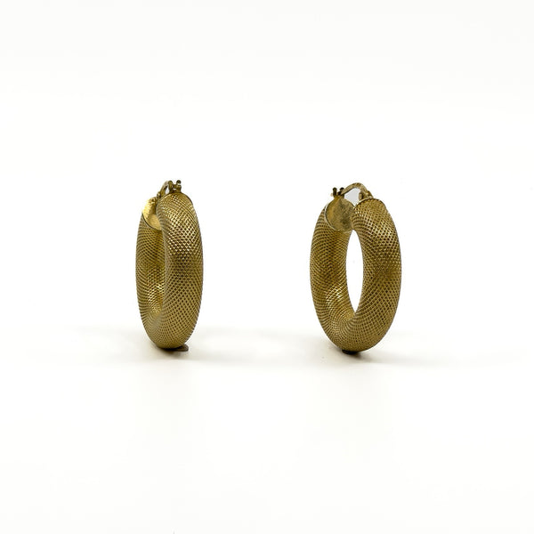Side view of vintage 9ct gold mesh hoop earrings showing rounded profile