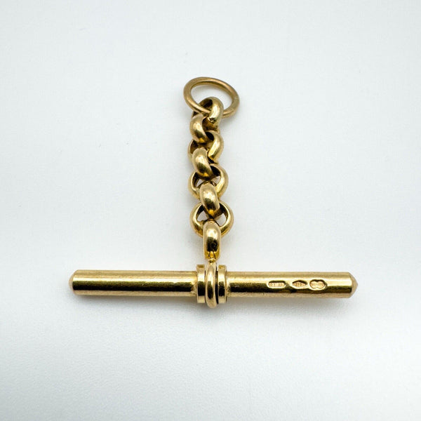 Vintage 9ct gold T-bar charm with short belcher link chain and jump ring