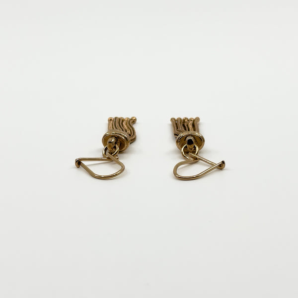Reverse view of the vintage 9ct rose gold Albertina tassel earrings showing the hook wires and fittings.