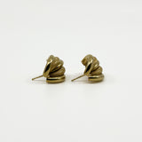 Side view of vintage 9ct gold half hoop earrings showing polished and mesh-textured curved strands.