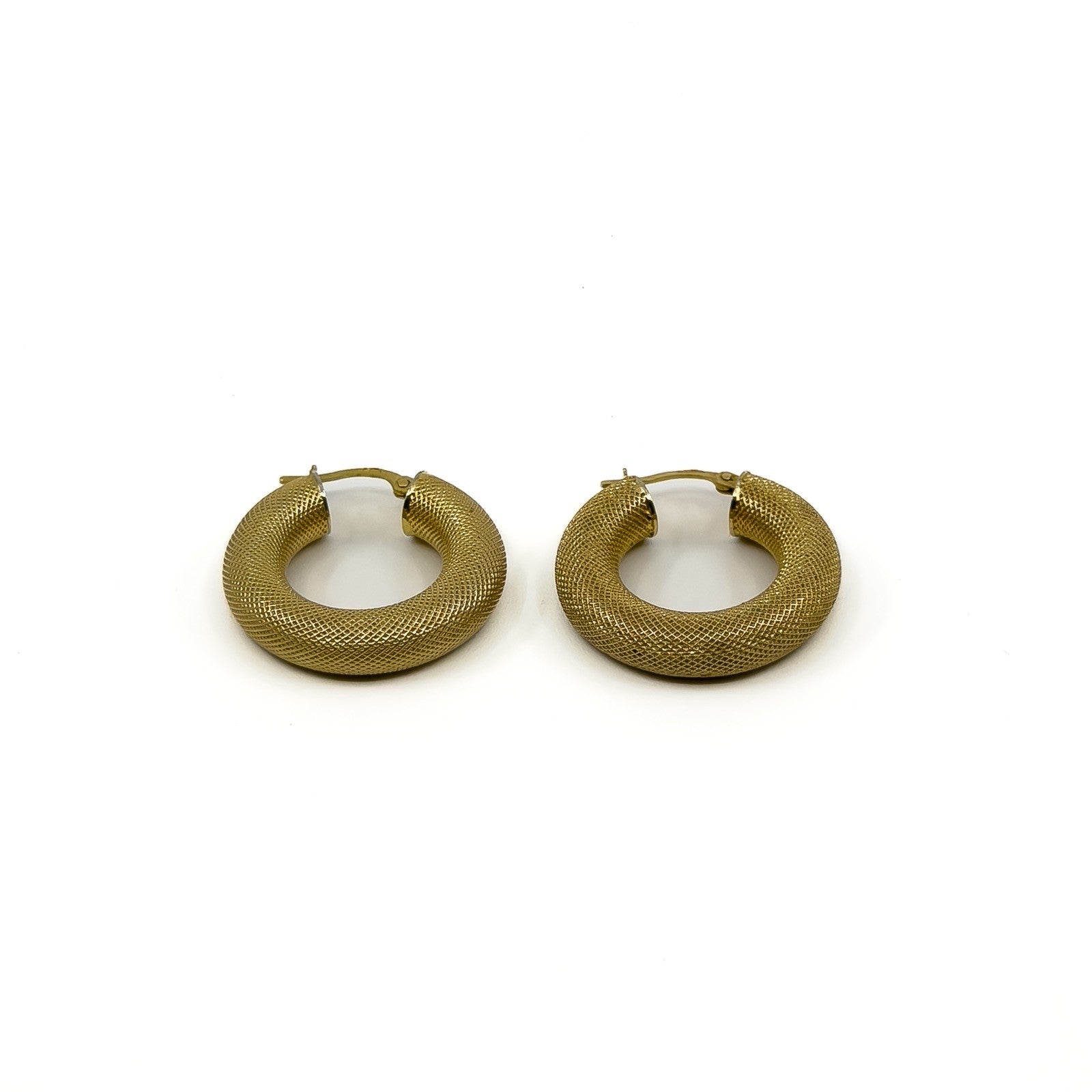 Vintage gold mesh hoop earrings with textured rounded hoops and visible fittings