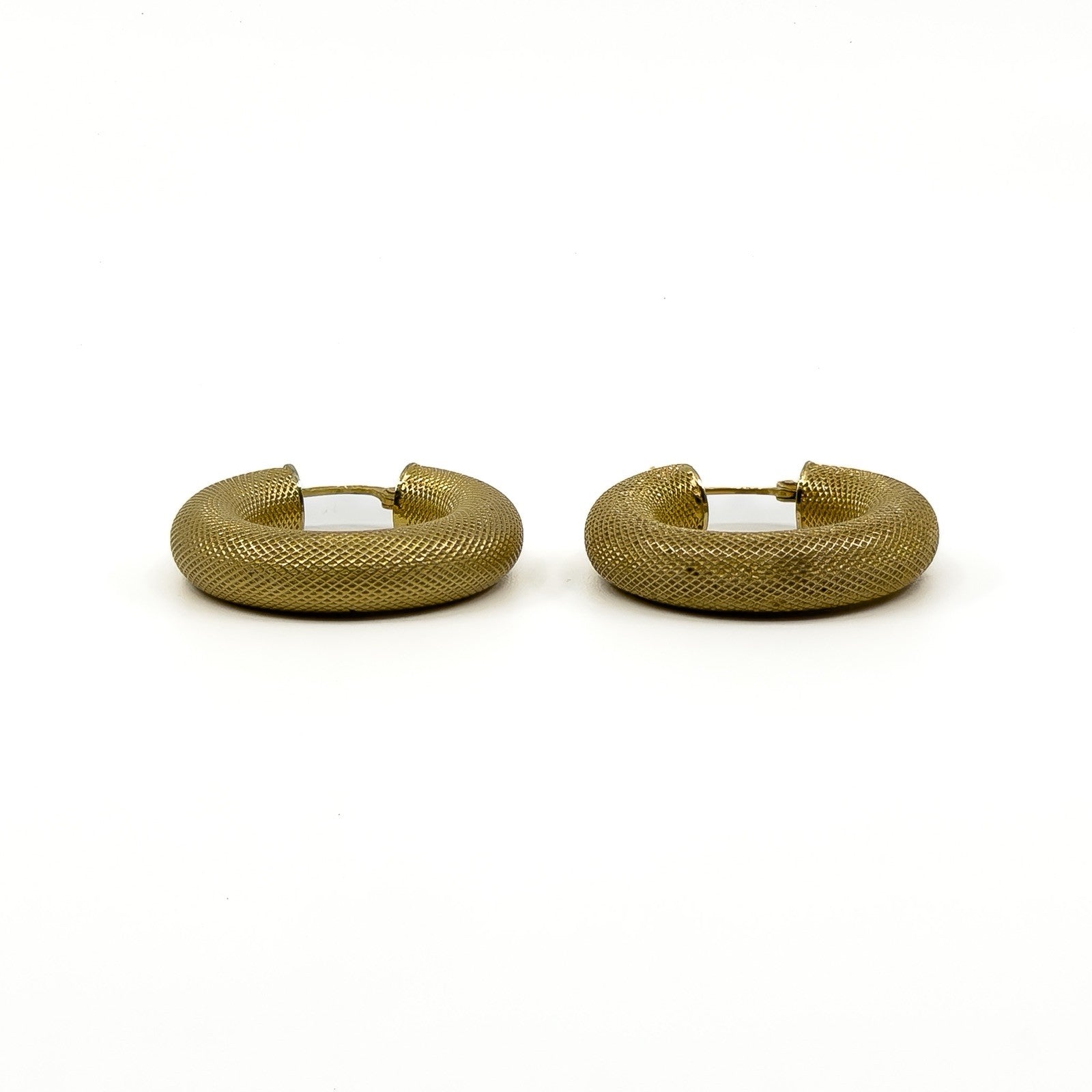 Side view of the vintage 9ct gold mesh hoop earrings showing the rounded chunky profile.