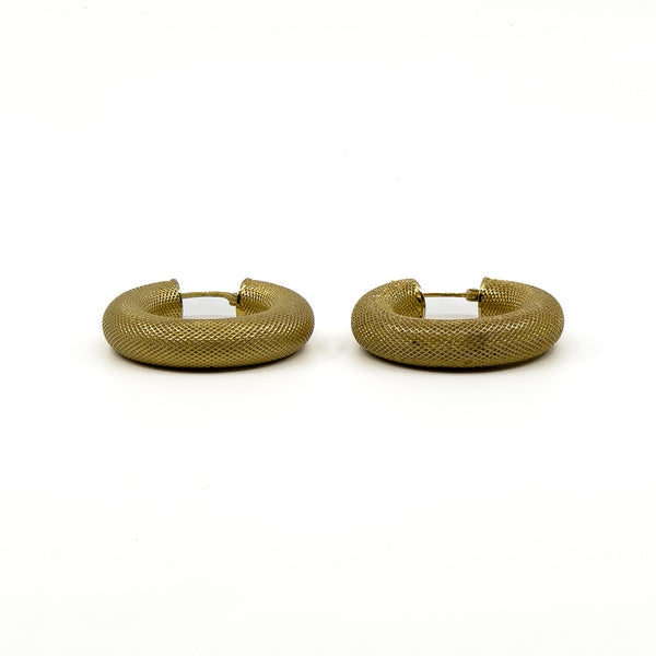 Side view of the vintage 9ct gold mesh hoop earrings showing the rounded chunky profile.